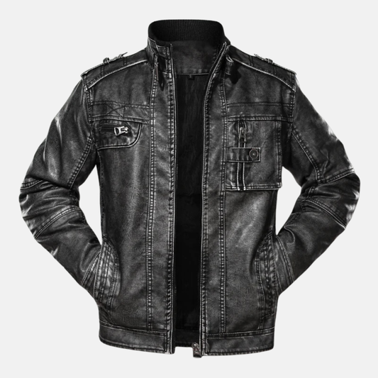 Herrjacka i Läder – Slim Fit – Tvättad Distressed Finish – Flera Fickor – Resårdetaljer