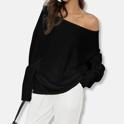Damtröja – Avslappnad Oversize Passform – Asymmetrisk Off-Shoulder – Mjuk Stickad