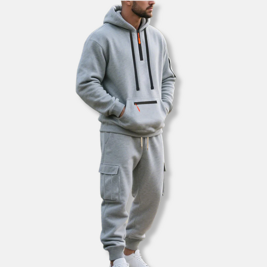 Herr Träningsset – Avslappnad Passform – Halvzip Hoodie – Cargojoggers med Dragsko
