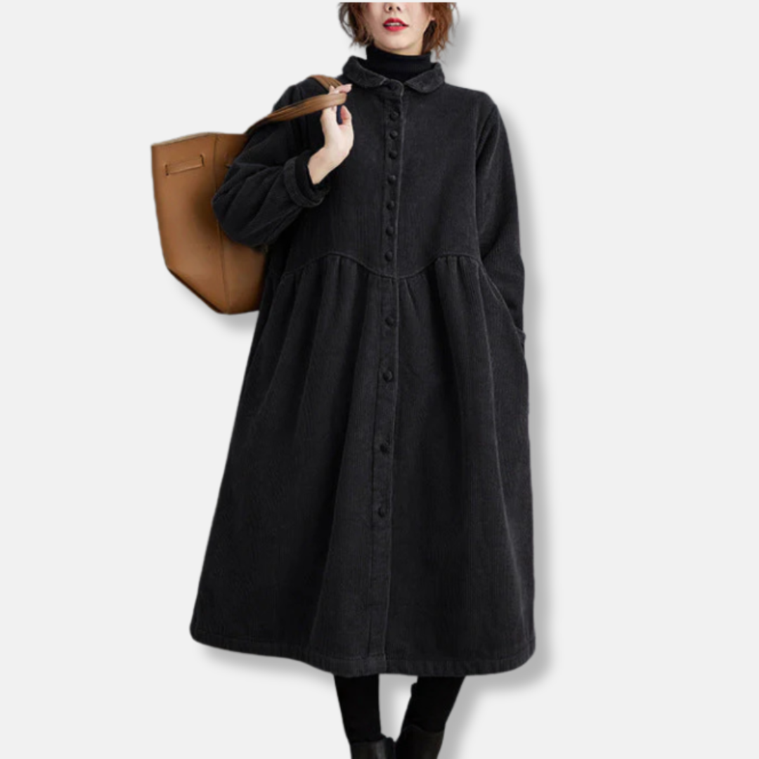 Damkappa – Corduroy – A-linjeskuren – Lös Passform – Hög Krage – Knäppning – Midilängd