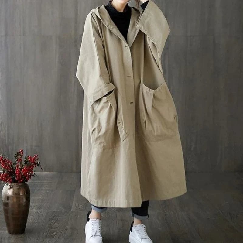Damtrenchcoat – Oversize passform – Lång längd – Huva – Stora fickor