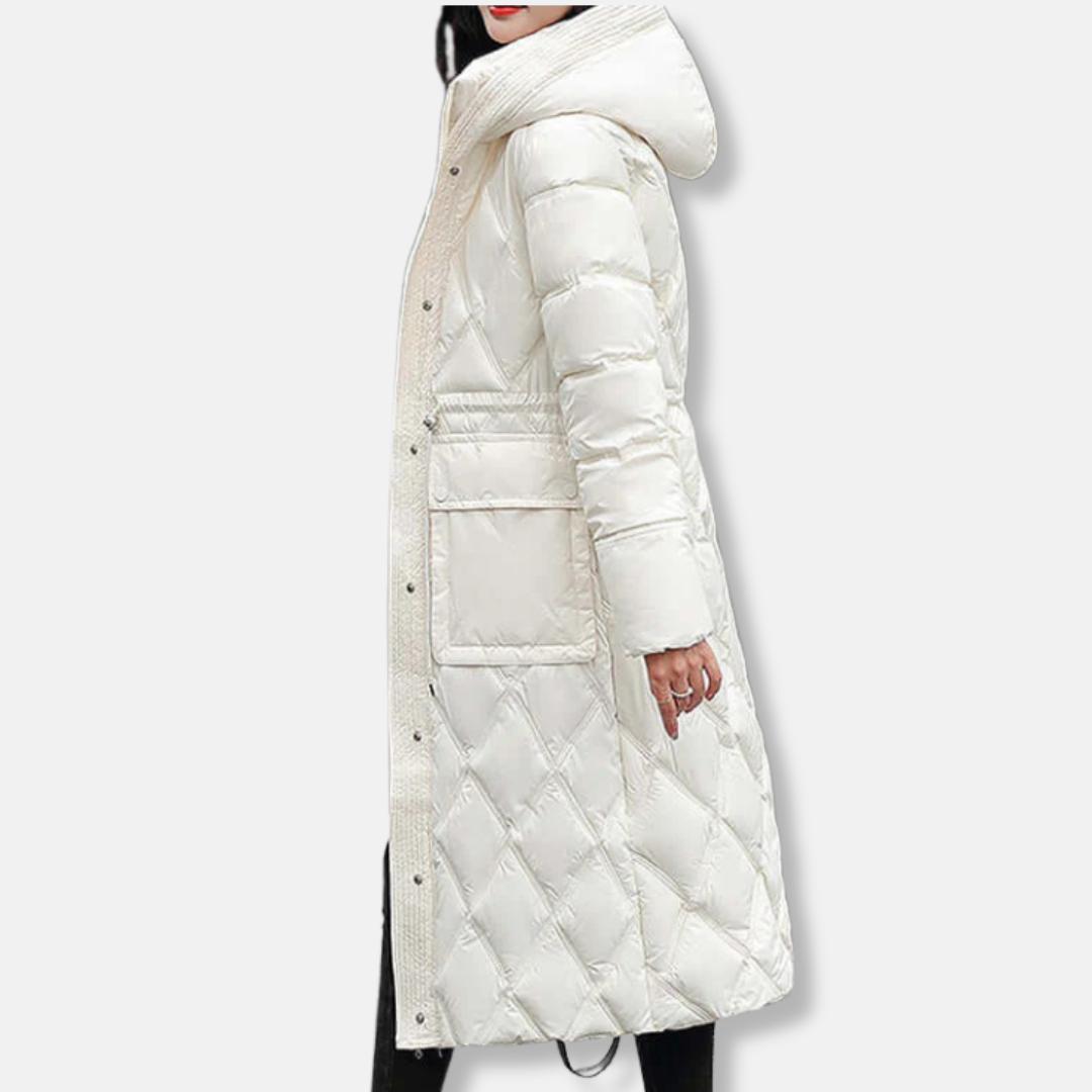 Damjacka – Vadderad Knälång – Vattenavvisande – Huva – Quiltad med Tryckknappar