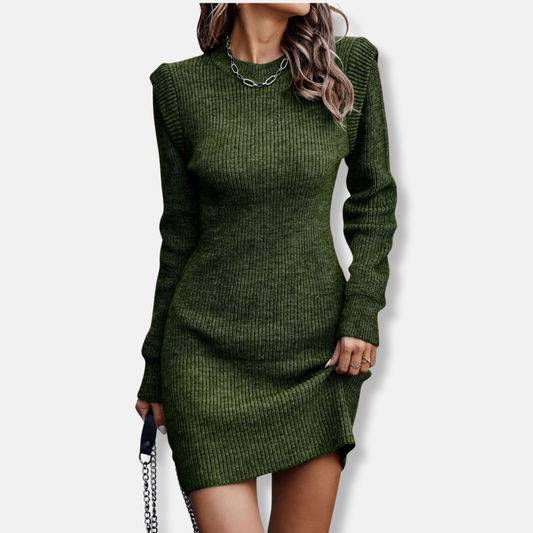 Damklänning – Bodycon Mini – Ribbad Trikå – Puffärm – Slim Fit – Lång Ärm