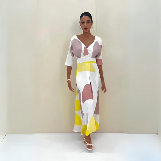 Damklänning - V-ringning - Midilängd - Figursydd midja - Eleganta vida ärmar