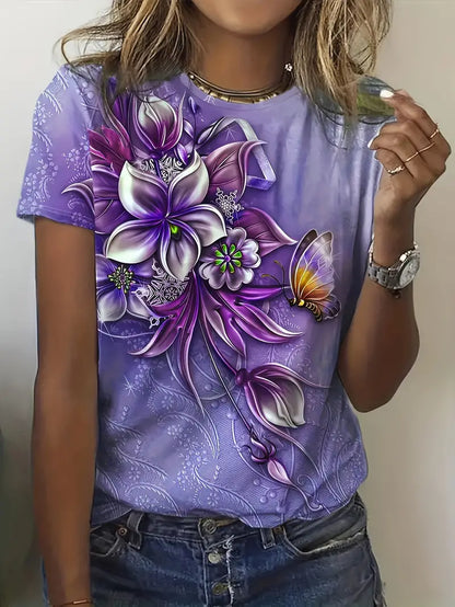 Dam T-shirt - Rund hals - Kortärmad - Blommigt tryck med fjärilsmotiv - Bekväm