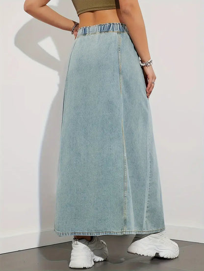 Dam Jeanskjol – Lång High Waist – Elastisk Midja med Dragsko – Casual och Bekväm