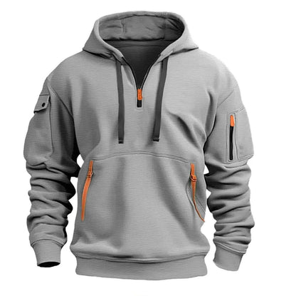 Men’s Hoodie - Halvdragkedja - Känguruficka med Dragkedja - Ribbad Kant - Avslappnad Passform