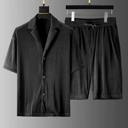 Herrset med pikétröja och shorts – Avslappnad passform – Ribbad struktur – Andningsbart tyg