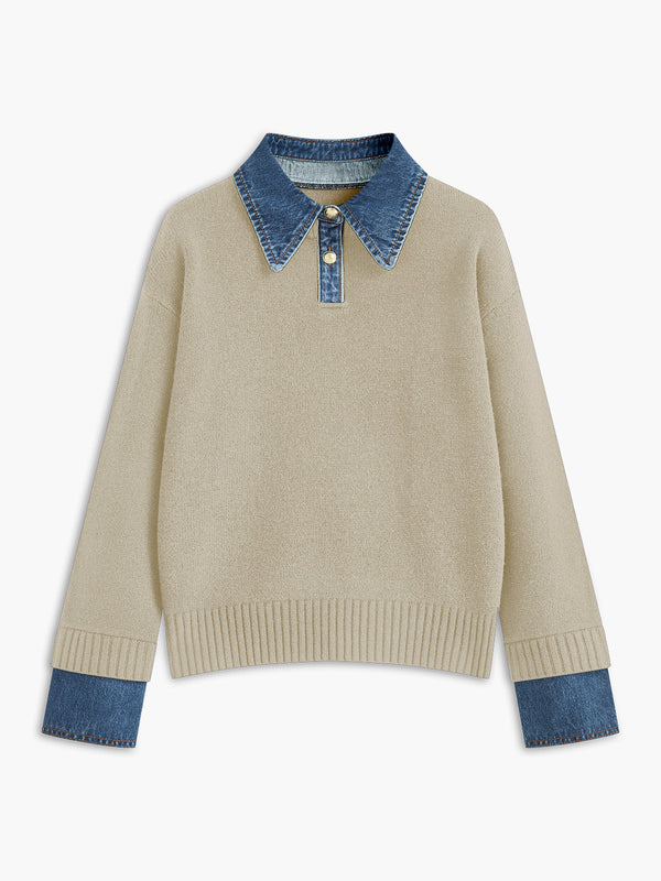 Damtröja – Avslappnad Passform – Stickad Struktur – Denimkrage och Manschetter