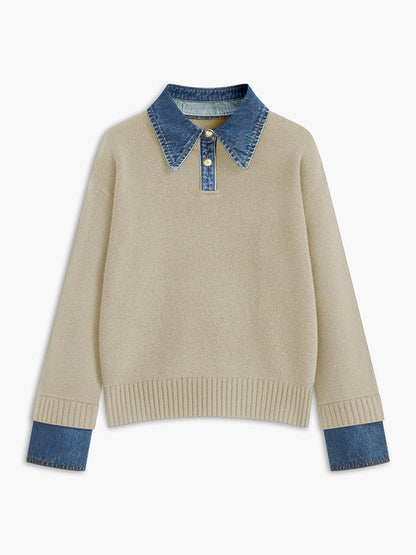 Damtröja – Avslappnad Passform – Stickad Struktur – Denimkrage och Manschetter