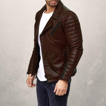 Herr Bikerjacka – Äkta Läder – Asymmetrisk Dragkedja – Quiltade Detaljer – Slim Fit