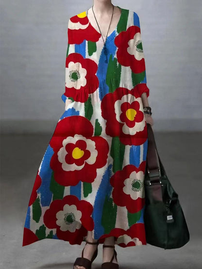 Damklänning maxi – Naturmaterial – Avslappnad passform – V-ringning – Lång ärm med fickor