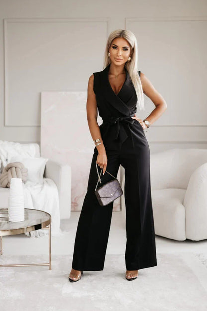 Dam Jumpsuit - Ärmlös V-ringning - Omlottliv med Knytband - Vida Ben - Elegant Passform