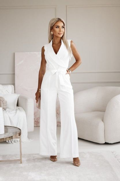 Dam Jumpsuit - Ärmlös V-ringning - Omlottliv med Knytband - Vida Ben - Elegant Passform