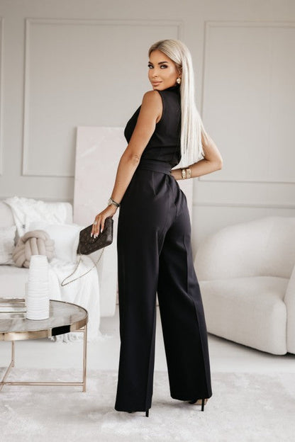 Dam Jumpsuit - Ärmlös V-ringning - Omlottliv med Knytband - Vida Ben - Elegant Passform