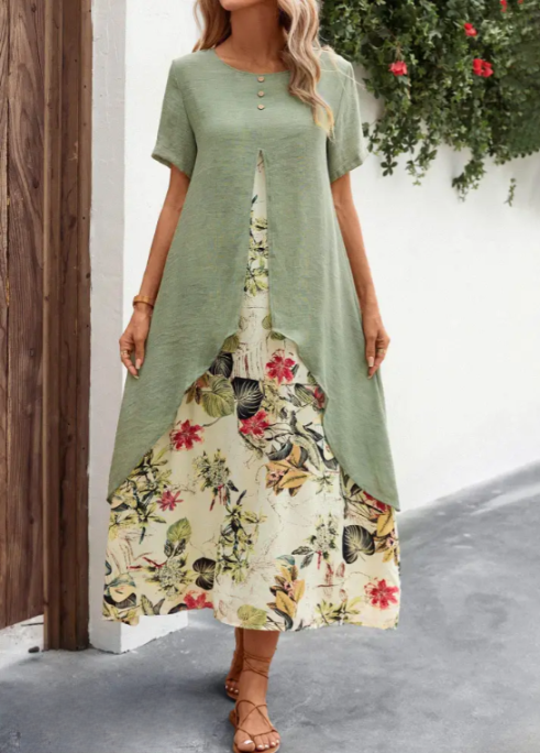 Damklänning - Tvådelad Set - Asymmetrisk Tunika - Ärmlös Blommig Maxiklänning
