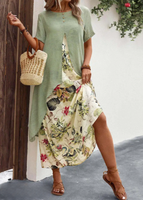 Damklänning - Tvådelad Set - Asymmetrisk Tunika - Ärmlös Blommig Maxiklänning