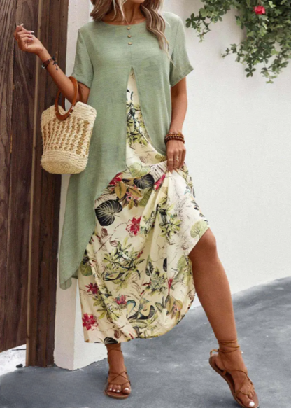 Damklänning - Tvådelad Set - Asymmetrisk Tunika - Ärmlös Blommig Maxiklänning