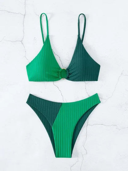 Dam Bikini-set – Push-up Topp – Hög Midja – Ribbad Struktur – Ringdetalj