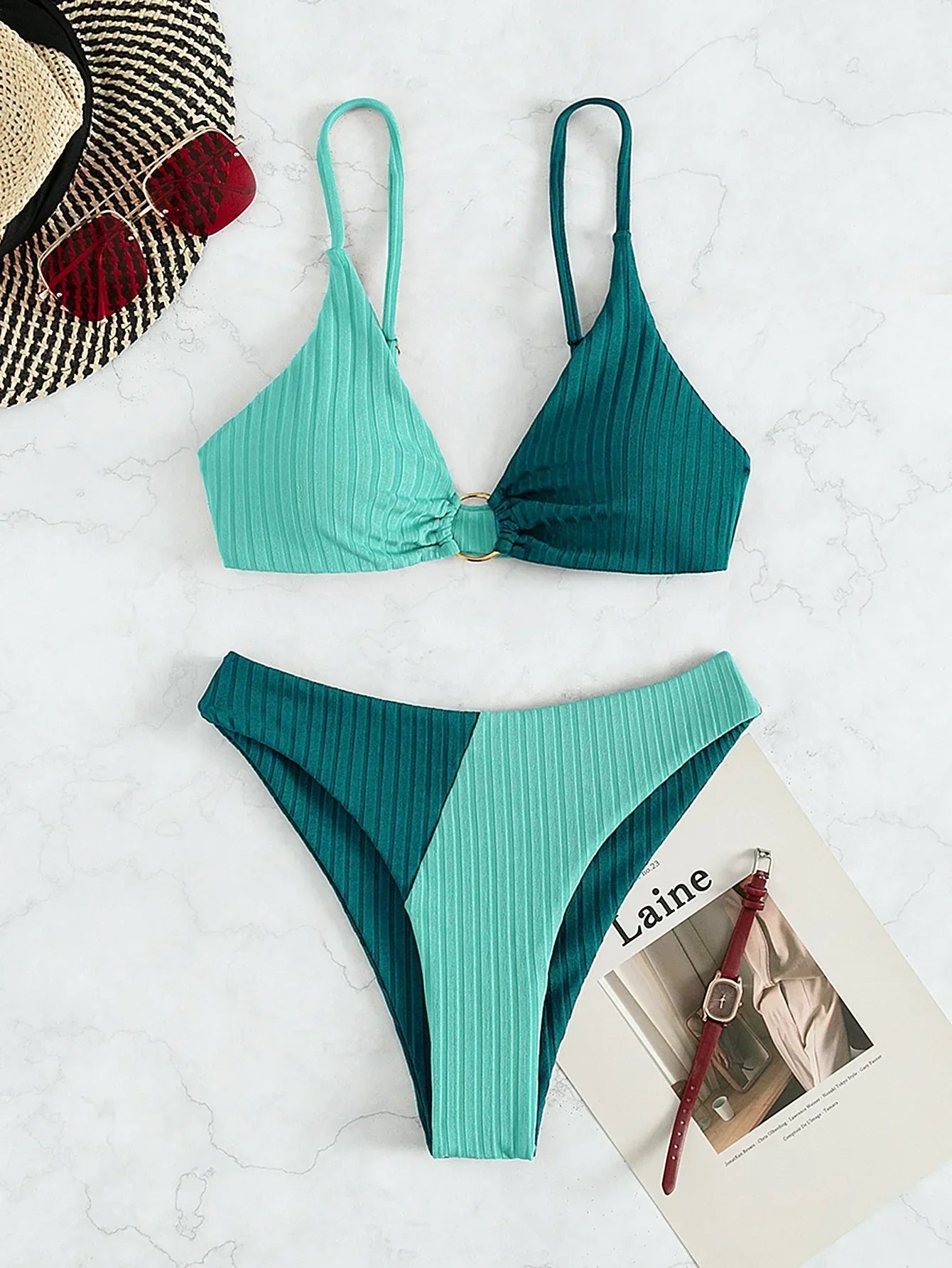 Dam Bikini-set – Push-up Topp – Hög Midja – Ribbad Struktur – Ringdetalj