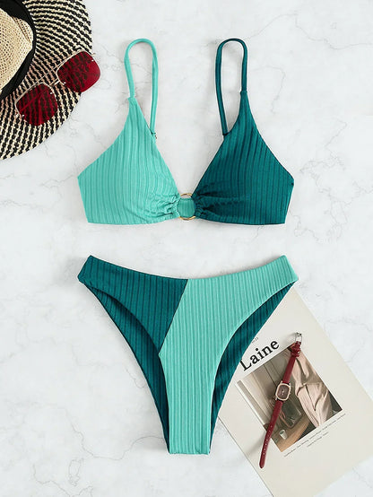 Dam Bikini-set – Push-up Topp – Hög Midja – Ribbad Struktur – Ringdetalj