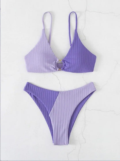 Dam Bikini-set – Push-up Topp – Hög Midja – Ribbad Struktur – Ringdetalj