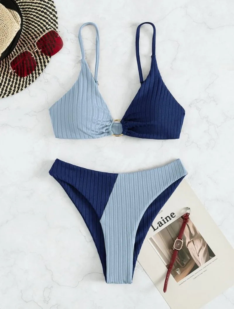 Dam Bikini-set – Push-up Topp – Hög Midja – Ribbad Struktur – Ringdetalj