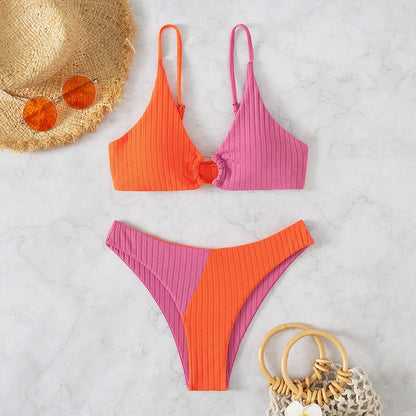 Dam Bikini-set – Push-up Topp – Hög Midja – Ribbad Struktur – Ringdetalj