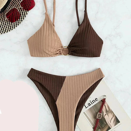 Dam Bikini-set – Push-up Topp – Hög Midja – Ribbad Struktur – Ringdetalj