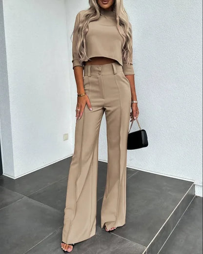 Dam Set – Crop Top Kortärmad Slim Fit & Högmidjade Vida Byxor