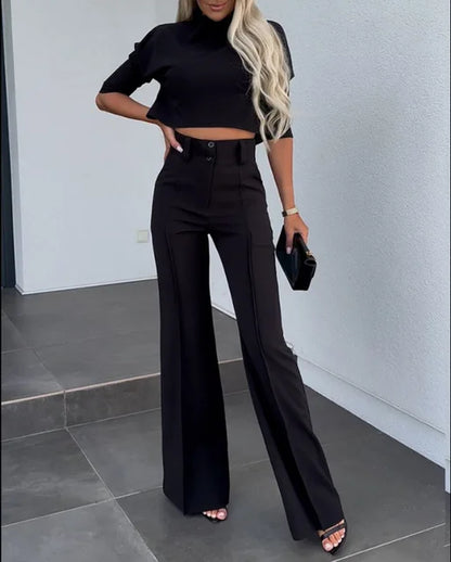 Dam Set – Crop Top Kortärmad Slim Fit & Högmidjade Vida Byxor