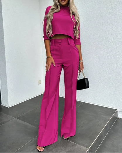 Dam Set – Crop Top Kortärmad Slim Fit & Högmidjade Vida Byxor