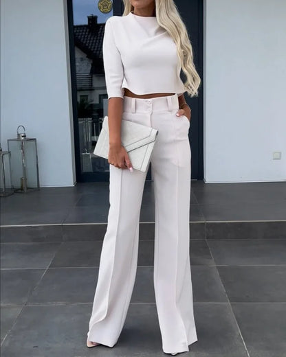 Dam Set – Crop Top Kortärmad Slim Fit & Högmidjade Vida Byxor