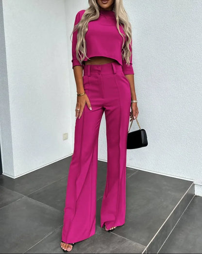 Dam Set – Crop Top Kortärmad Slim Fit & Högmidjade Vida Byxor