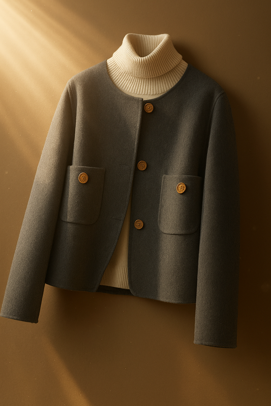 Damjacka – Ullblandning – Kort Modell – Avslappnad Struktur – Rund Hals – Dekorativa Knappar