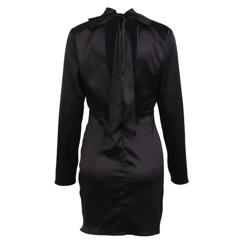 Elegant klänning med rosett och rygglös knut för kvinnor - Långa ärmar - Satinfinish