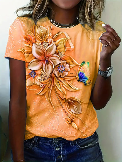 Dam T-shirt - Rund hals - Kortärmad - Blommigt tryck med fjärilsmotiv - Bekväm