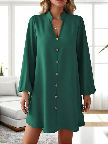 Dam Skjortklänning - Lös Passform - Knappdetaljer - Lång Ärm - Chic och Elegant