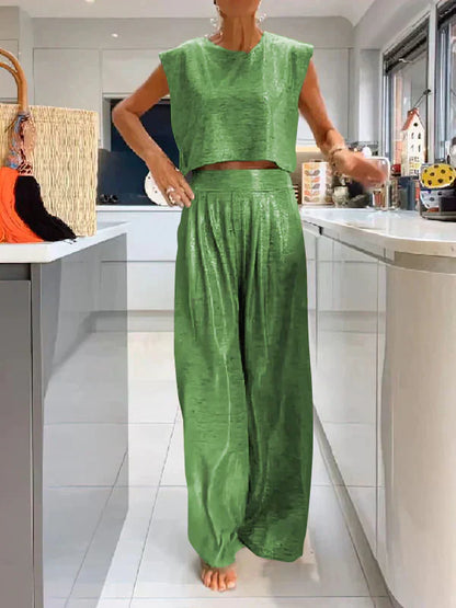 Dambyxa & Crop Top Set – Ärmlös Kort Topp – Vida Högmidjade Byxor – Ledig Passform