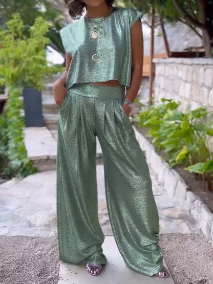 Dambyxa & Crop Top Set – Ärmlös Kort Topp – Vida Högmidjade Byxor – Ledig Passform