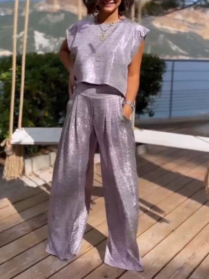 Dambyxa & Crop Top Set – Ärmlös Kort Topp – Vida Högmidjade Byxor – Ledig Passform