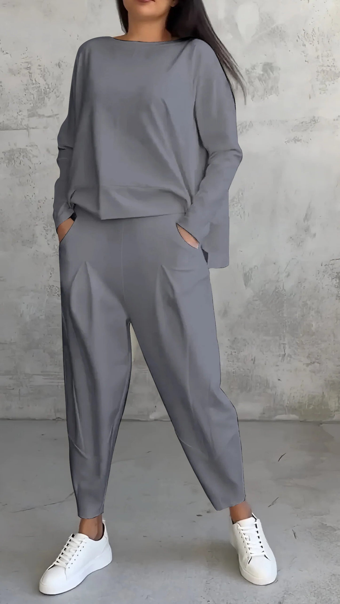 Dam Lounge Set – Oversized Topp – Raka Byxor – Mjuk Stickad Kvalitet