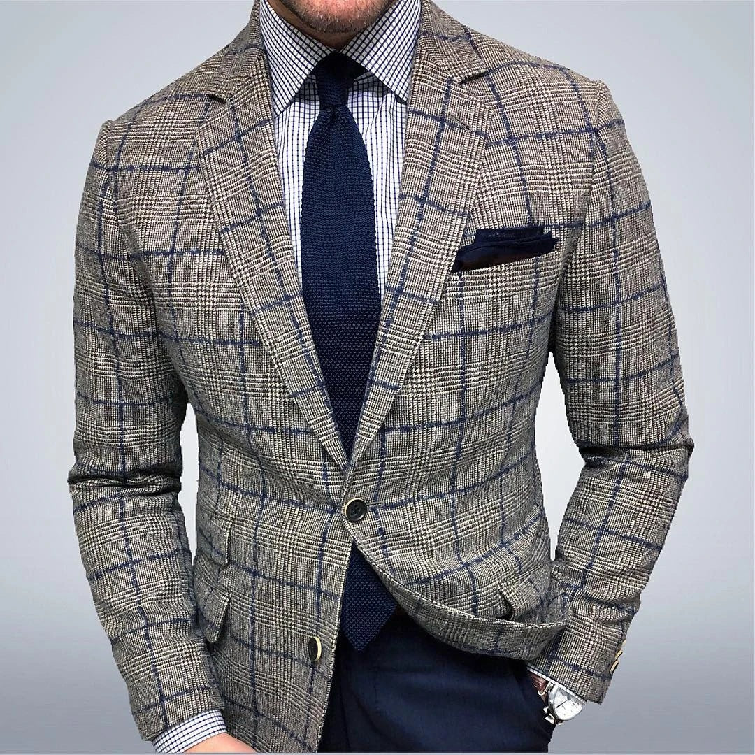Herrkavaj – Slim Fit – Rutigt Mönster – Enkelknäppt – Klassisk Formell Stil