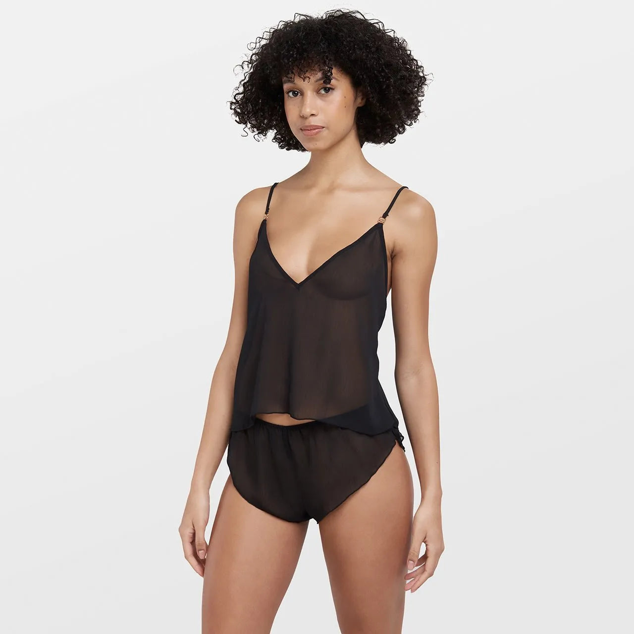 Kvinnors transparenta underklädesset – V-ringad camitopp & matchande shorts – Justerbara axelband