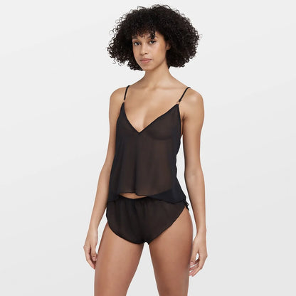 Kvinnors transparenta underklädesset – V-ringad camitopp & matchande shorts – Justerbara axelband