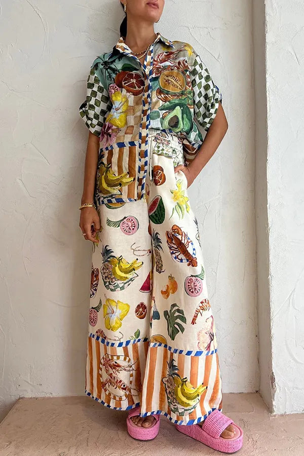 Set med tropiskt tryck och vida byxor för kvinnor - Färgglad design - Sommarlov