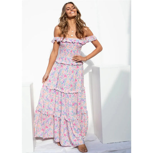 Dam Klänning – Off Shoulder – Smockliv – Maxilängd – Bohemisk Stil – Volangkjol