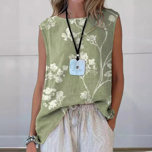 Rundhalsad ärmlös topp med blommönster för kvinnor