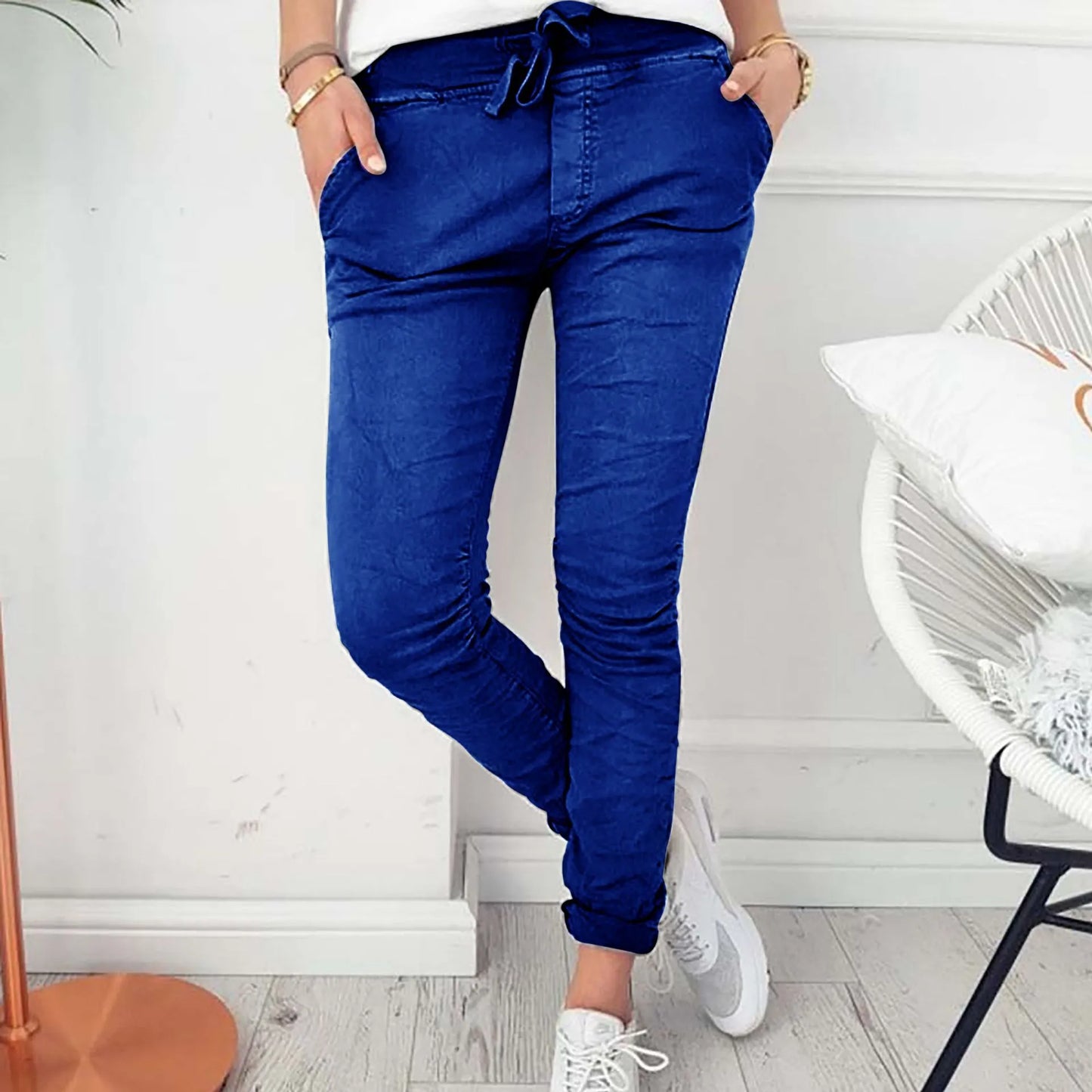 Dam Byxor - Slim Fit Joggers - Andningsbart Tyg - Elastisk Midja med Dragsko - Sidofickor