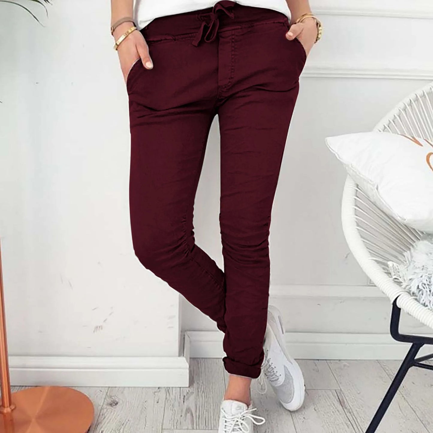 Dam Byxor - Slim Fit Joggers - Andningsbart Tyg - Elastisk Midja med Dragsko - Sidofickor